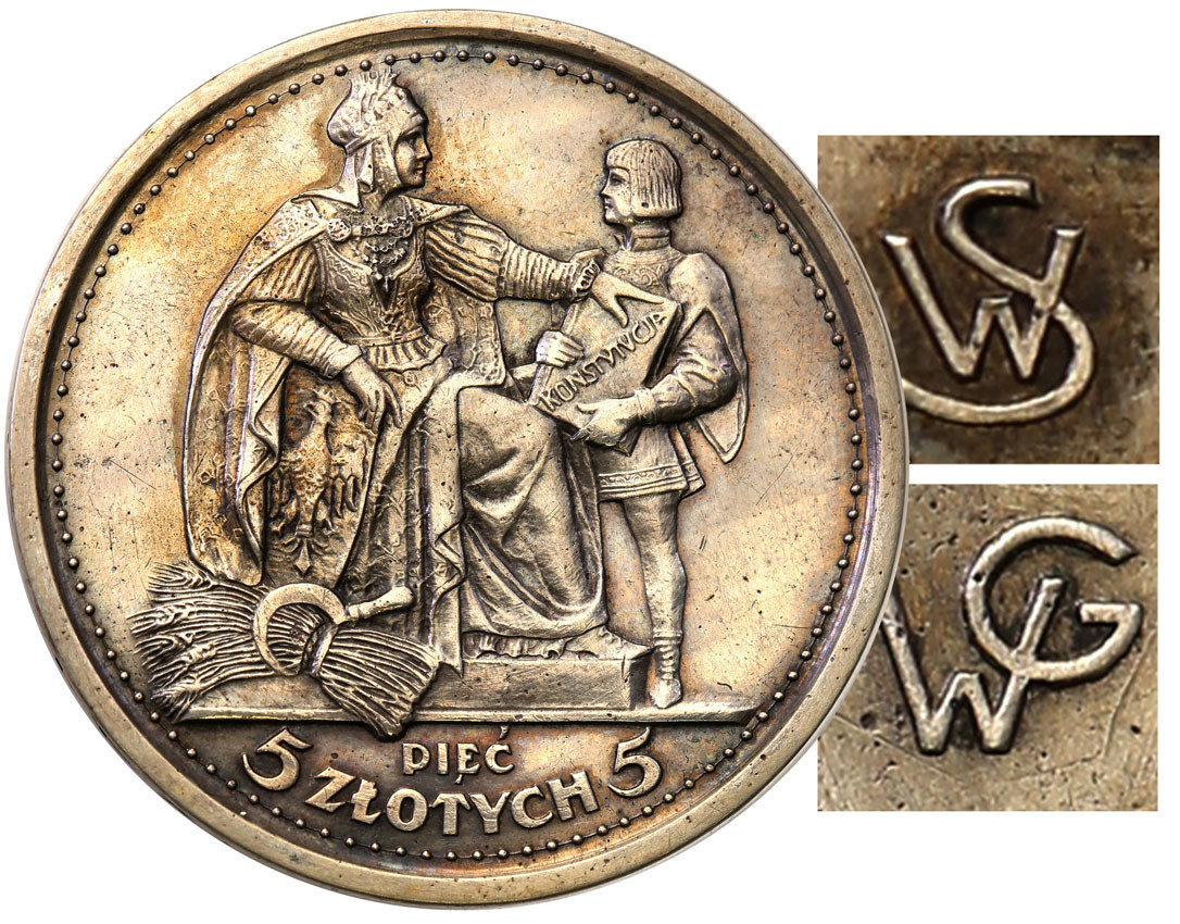 II RP. PRÓBA srebro 5 złotych 1925 Konstytucja SW-WG 100 perełek - RZADKOŚĆ